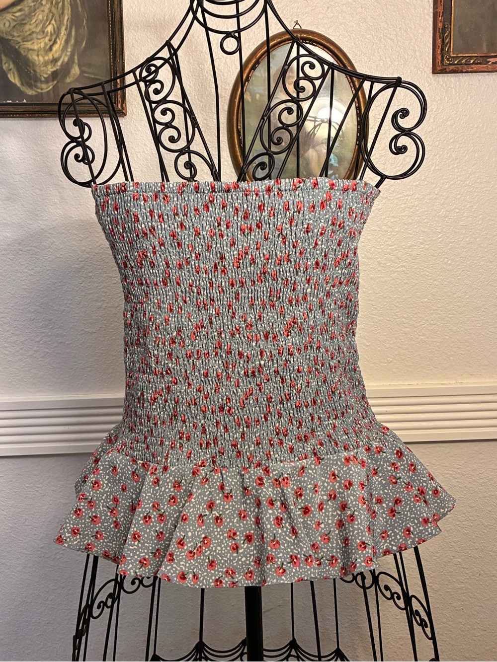 Smocked Tube Peplum Top in Light Gray with Red Floral